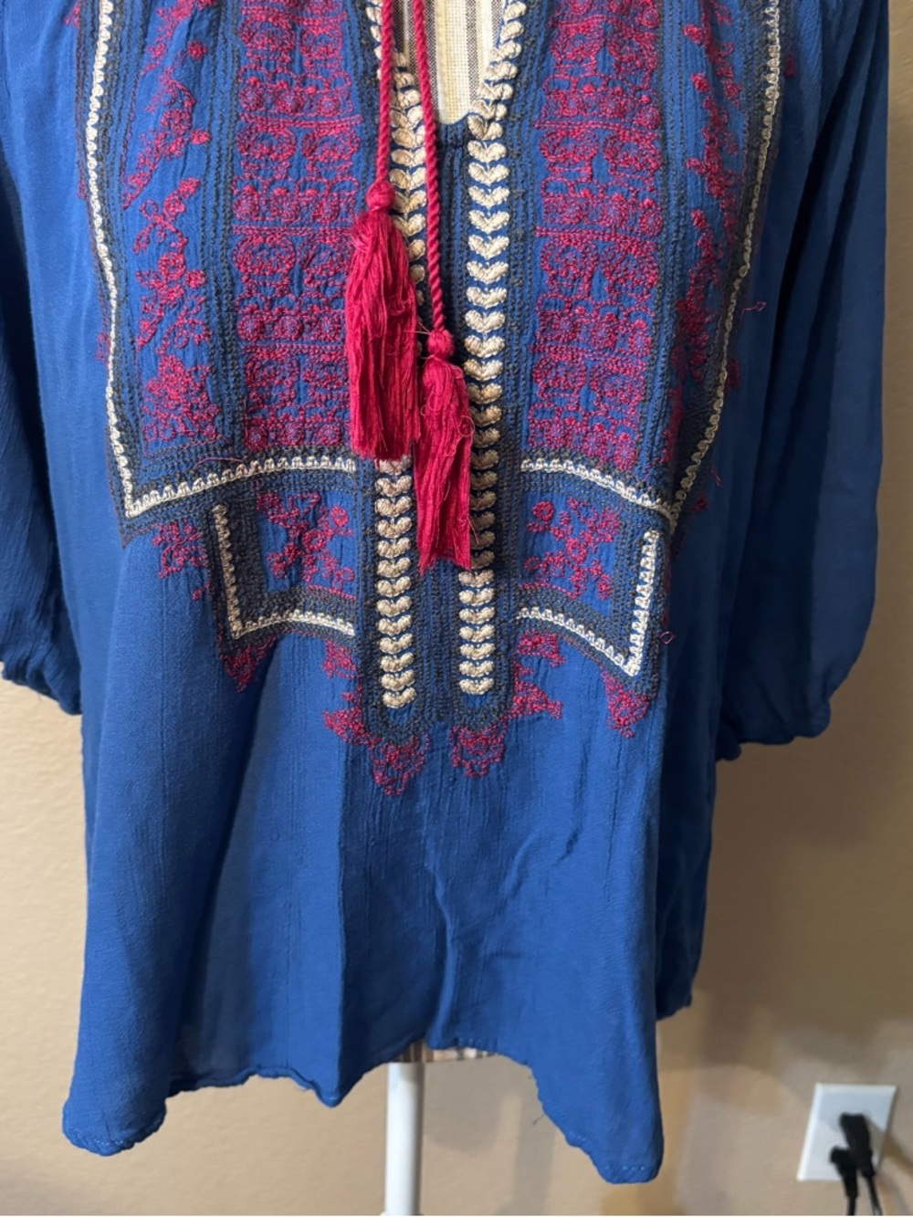 Hazel Boho Top Large Blue Embroidered Peasant Tunic Magenta Tassels 3/4 Sleeves - Picture 4 of 16